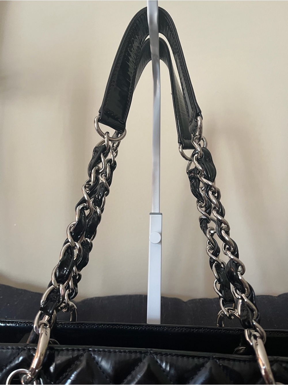CHANEL Black Quilted Patent Leather Tote with Chain Straps - Picture 4 of 10